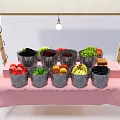 Vibrant Fruit Stand With Wooden Canopy Pink Tablecloth Metal Buckets Fruits String Lights And Straw Bales