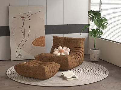 Brown Lazy Sofa With Ottoman On Round Rug Near Monstera Plant And Abstract Painting 3d model