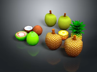 Fresh Tropical Fruits Featuring Whole And Cut Coconuts Jackfruits And Pineapples 3d model