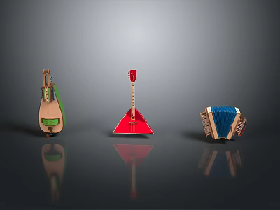Colorful Traditional Musical Instruments Balalaika Accordion And String Instrument On Dark Surface 3d model
