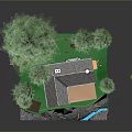 3D Model Small House Scene Surrounded by Pine Trees with Rocky Base and Water Area