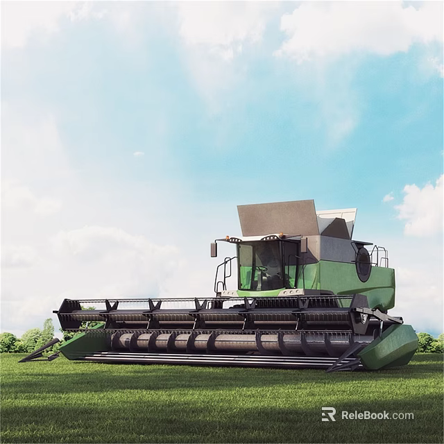 Green Industrial Combine Harvester Parked On Grassland Under Blue Sky With White Clouds 3d model 