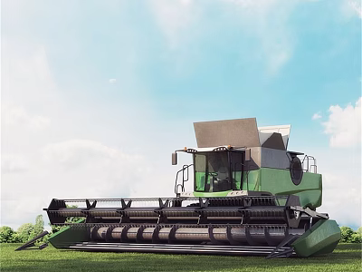 Green Industrial Combine Harvester Parked On Grassland Under Blue Sky With White Clouds 3d model