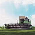 Green Industrial Combine Harvester Parked On Grassland Under Blue Sky With White Clouds