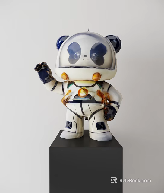 Modern Panda Sculpture in Stylish White Blue Black Space Suit Standing On Black Base 3d model 