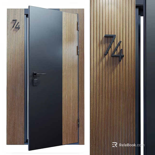 Modern Swing Door Design With Wood Grain Black Finish And House Number 74 3d model 