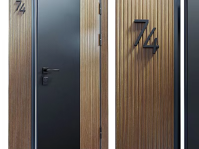 Modern Swing Door Design With Wood Grain Black Finish And House Number 74 3d model