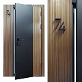 Modern Swing Door Design With Wood Grain Black Finish And House Number 74