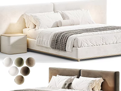 Modern Upholstered Double Bed With White Bedding Nightstand And Neutral Color Options 3d model