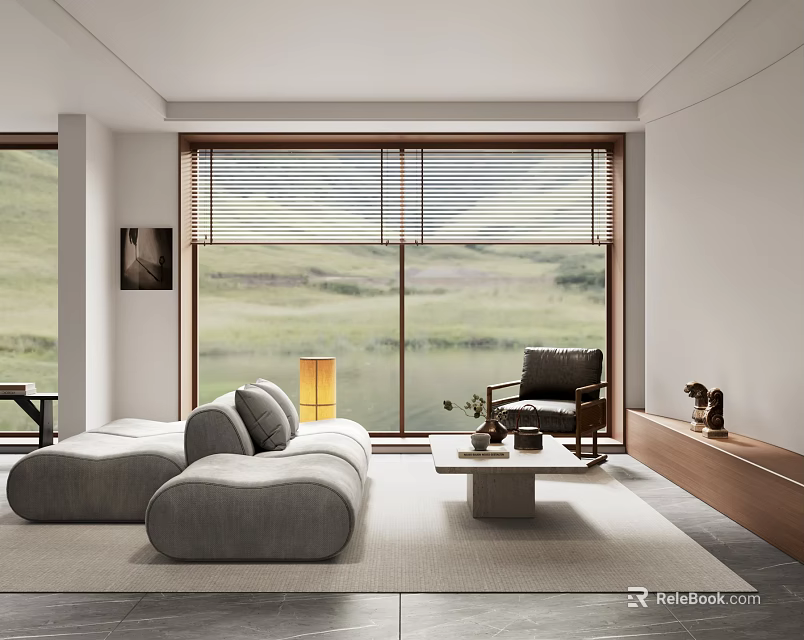 Modern Living Room Interior With Gray Sofa Wooden Coffee Table And Large Window 3d model 