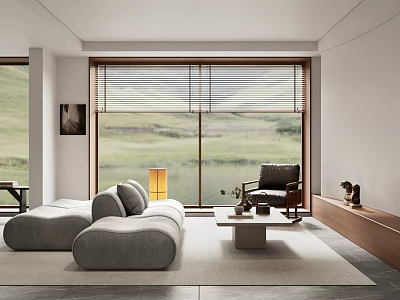 Modern Living Room Interior With Gray Sofa Wooden Coffee Table And Large Window 3d model