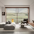 Modern Living Room Interior With Gray Sofa Wooden Coffee Table And Large Window