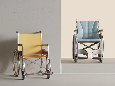 Yellow And Blue Wheelchairs With Modern Design Against Gray And Beige Backgrounds 3d model