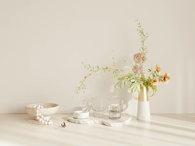 Elegant Minimalist Decorative Ornament Set With Vase Flowers Beads Glass Cups And Marble Tray 3d model