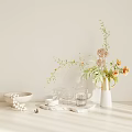 Elegant Minimalist Decorative Ornament Set With Vase Flowers Beads Glass Cups And Marble Tray