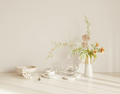 Elegant Minimalist Decorative Ornament Set With Vase Flowers Beads Glass Cups And Marble Tray 3d model