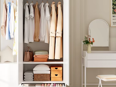 Organized Clothes Wardrobe With Hanging Shirts Coats And Folded Storage Items 3d model