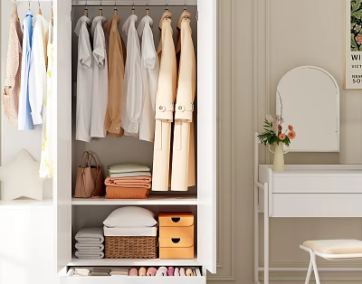 Organized Clothes Wardrobe With Hanging Shirts Coats And Folded Storage Items 3d model
