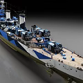 Blue And White Camouflage Warship With Artillery And Deck Equipment