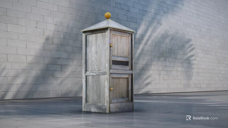 Wooden Commercial Mailbox Equipment with Pitched Roof and Yellow Spherical Top Against Gray Brick Wall 3d model 