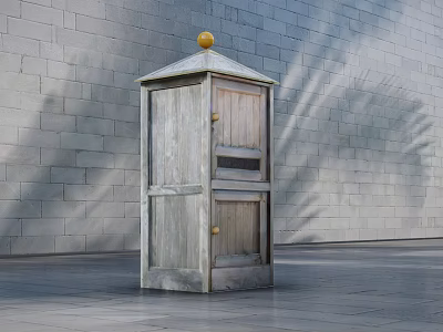 Wooden Commercial Mailbox Equipment with Pitched Roof and Yellow Spherical Top Against Gray Brick Wall 3d model