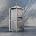 Wooden Commercial Mailbox Equipment with Pitched Roof and Yellow Spherical Top Against Gray Brick Wall