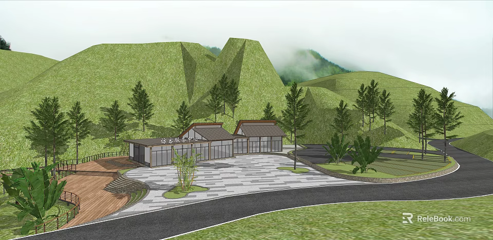 Traditional Architecture With Mountain View Green Trees Grassland And Stone Road 3d model 