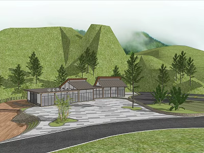 Traditional Architecture With Mountain View Green Trees Grassland And Stone Road 3d model