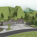 Traditional Architecture With Mountain View Green Trees Grassland And Stone Road