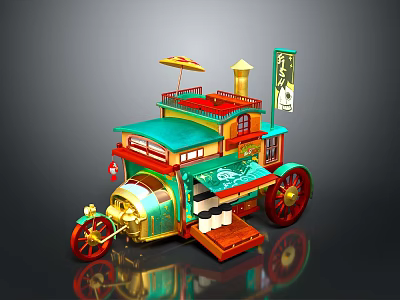 Colorful Decorative Model Cart With Umbrella Flag Red Wheels And Detailed Design 3d model