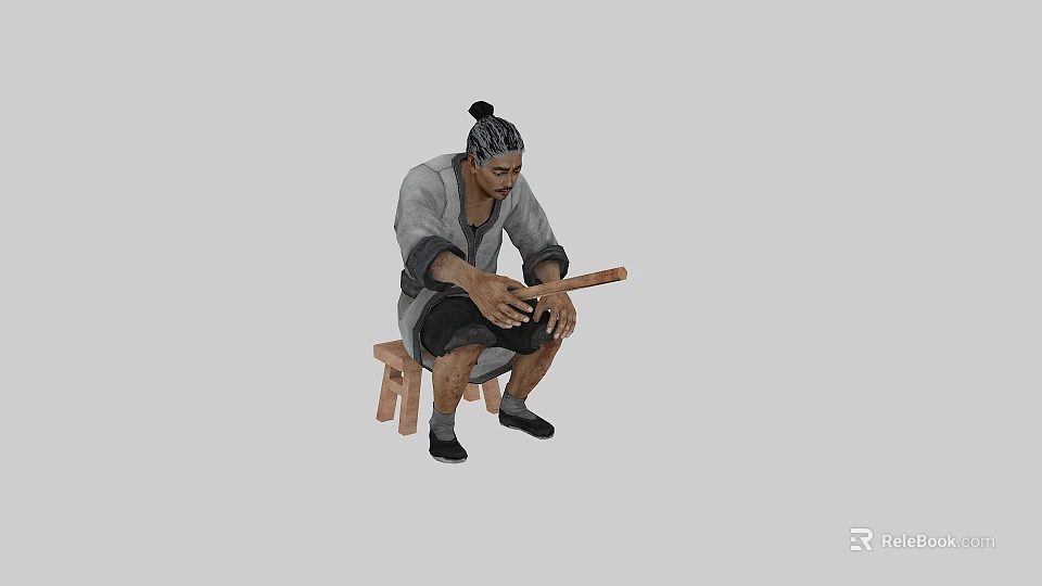 Man With Topknot In Traditional Clothing Squatting On Wooden Stool Holding Long Stick 3d model 
