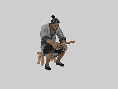 Man With Topknot In Traditional Clothing Squatting On Wooden Stool Holding Long Stick 3d model