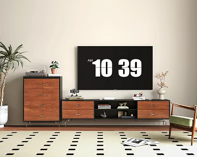 Wooden TV Stand with TV and Decor Items near Potted Plant in Modern Living Room 3d model