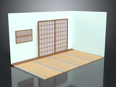 Japanese Style Room Interior With Wooden Sliding Doors Tatami Flooring And Lattice Wall Decor 3d model