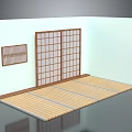 Japanese Style Room Interior With Wooden Sliding Doors Tatami Flooring And Lattice Wall Decor