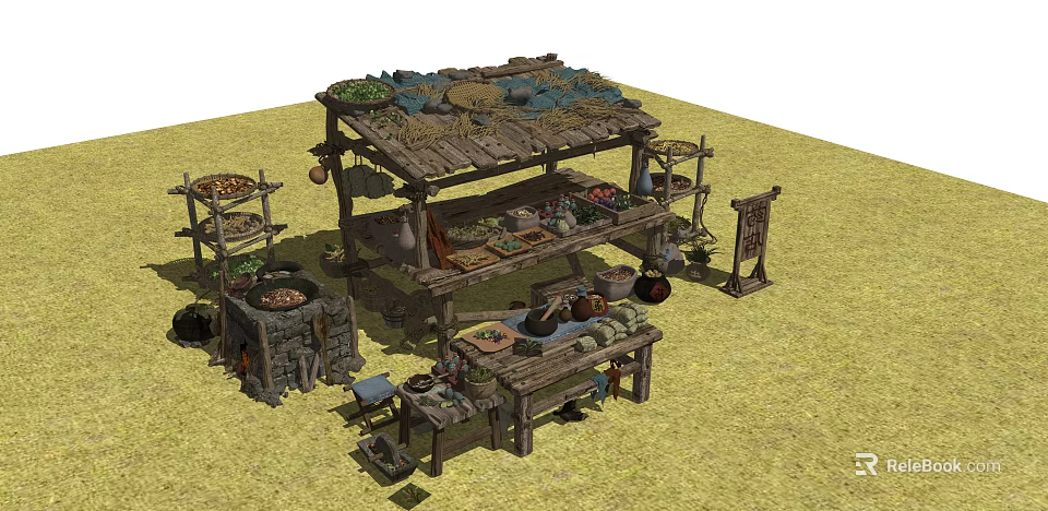 Rustic Ancient Market Stall With Wooden Structure Vegetables Baskets And Shelves 3d model 
