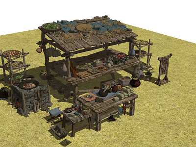 Rustic Ancient Market Stall With Wooden Structure Vegetables Baskets And Shelves 3d model