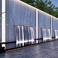 Modern Feature Wall With Waterfall Panels And Reflection In Water With Trees