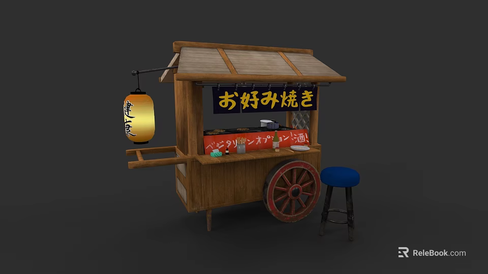 Traditional Japanese Food Cart With Wooden Structure Hanging Lantern And Blue Stool 3d model 
