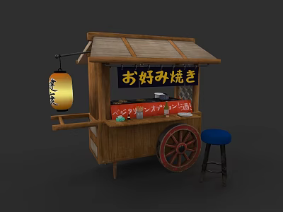 Traditional Japanese Food Cart With Wooden Structure Hanging Lantern And Blue Stool 3d model