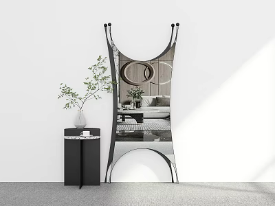 Modern Standing Mirror With Unique Frame Design Reflecting Interior Green Plant Vase And Side Cabinet 3d model