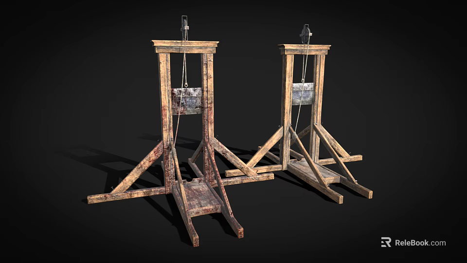 Two Old Fashioned Wooden Guillotine Weapons With Classic Frame And Metal Blades 3d model 