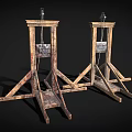 Two Old Fashioned Wooden Guillotine Weapons With Classic Frame And Metal Blades