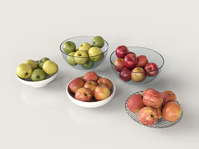 Fresh Apples In Various Colors Placed In Glass And White Bowls On Table 3d model