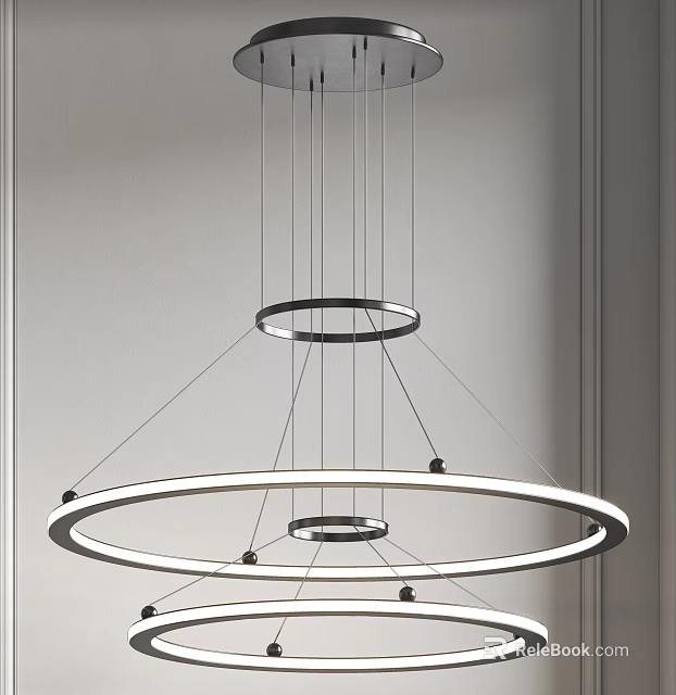 Modern Circular Metal Chandelier With Multiple Illuminated Rings Hanging In Minimalist Interior 3d model 