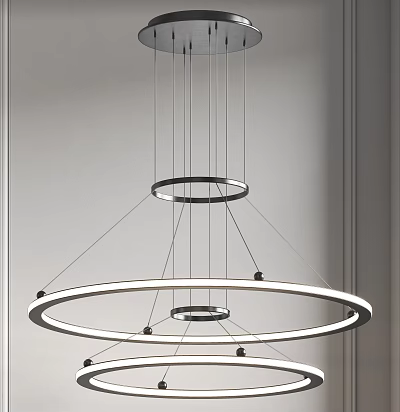 Modern Circular Metal Chandelier With Multiple Illuminated Rings Hanging In Minimalist Interior 3d model