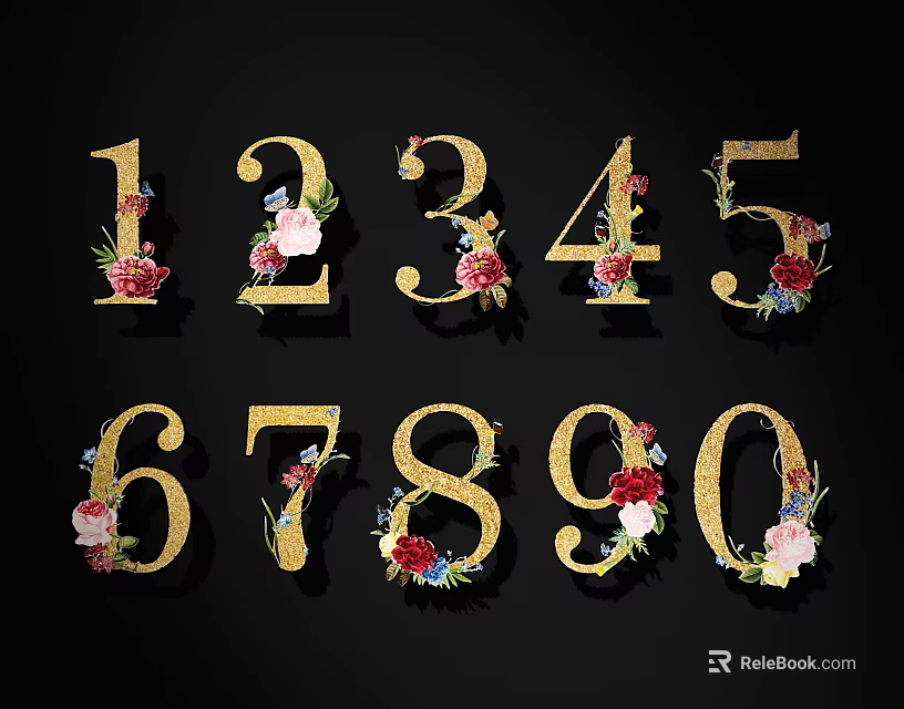 Decorative Golden Numbers 1 Through 0 With Floral Accents On Black Background 3d model 