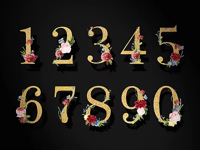 Decorative Golden Numbers 1 Through 0 With Floral Accents On Black Background 3d model