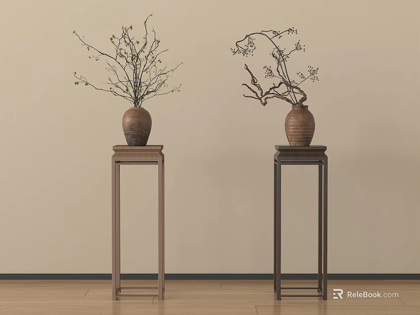 Dark And Light Brown Wooden Flower Stands With Ceramic Vases And Decorative Branches 3d model 