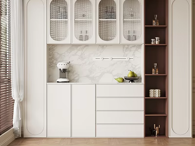 Modern Wine Cabinet With White Cabinetry Marble Backsplash Glass Doors Drawers And Decorative Shelves 3d model